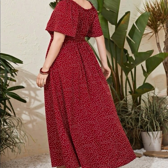 Plus Size Polk Dots Shirred Waist Tie Front Maxi Dress - Picture 5 of 6